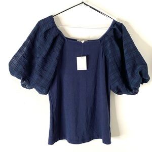 Pleione Navy Blue Puff Sleeve Top NWT Chiffon Elastic Cuffs Knit Body Stretch